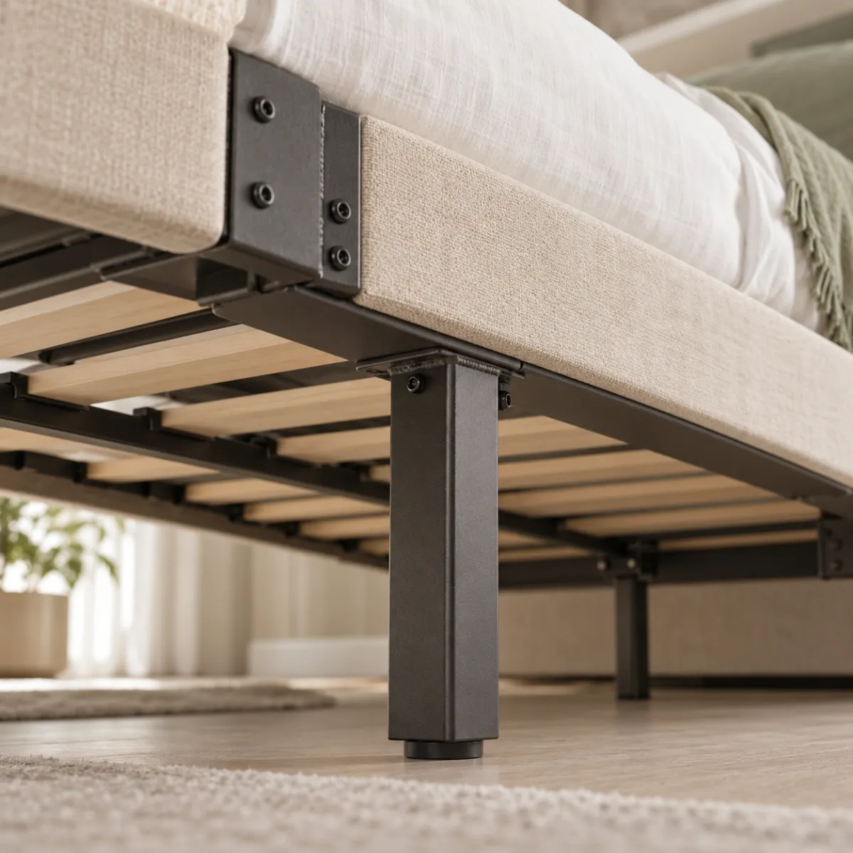 Center support leg and reinforced corner of a queen bed frame