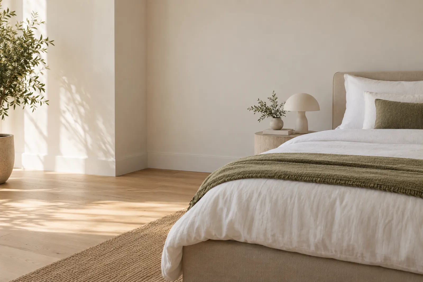 Corner of a calm bedroom with a made queen bed