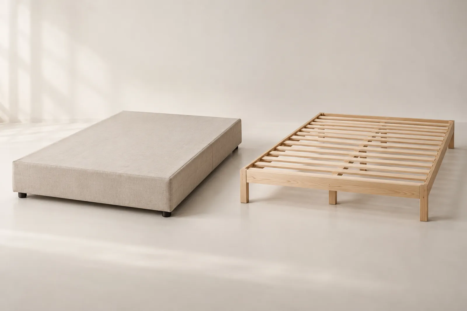 Box spring next to a slatted foundation for comparison