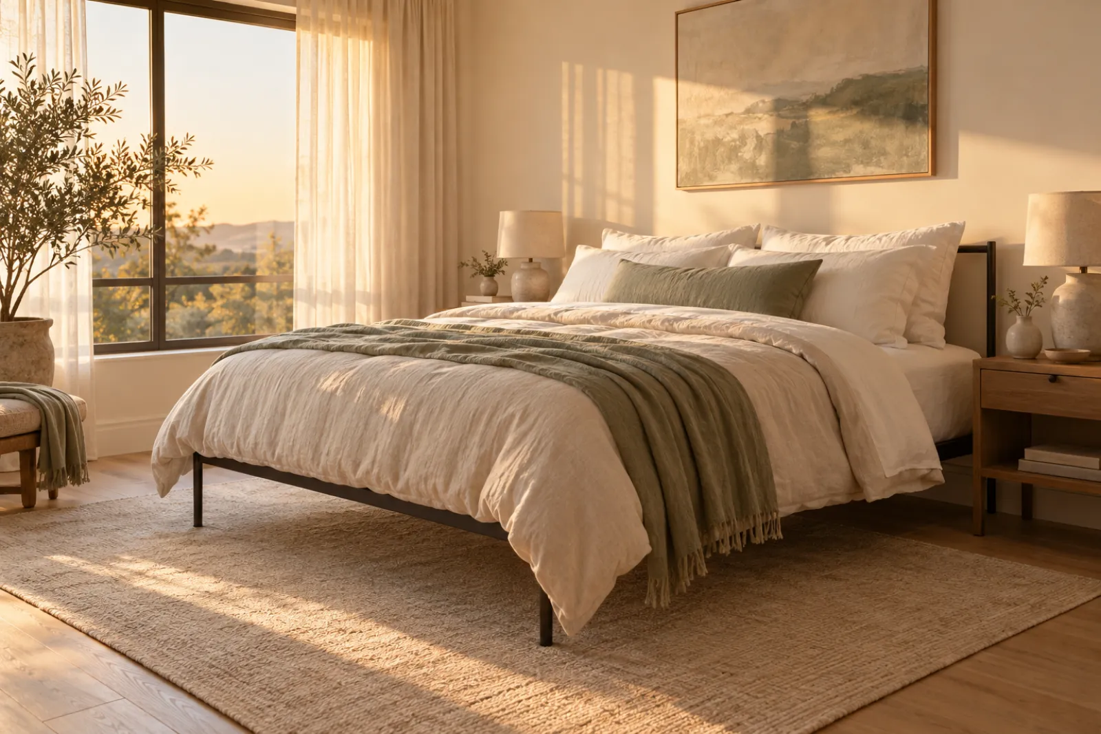 Cozy queen bedroom in warm evening light