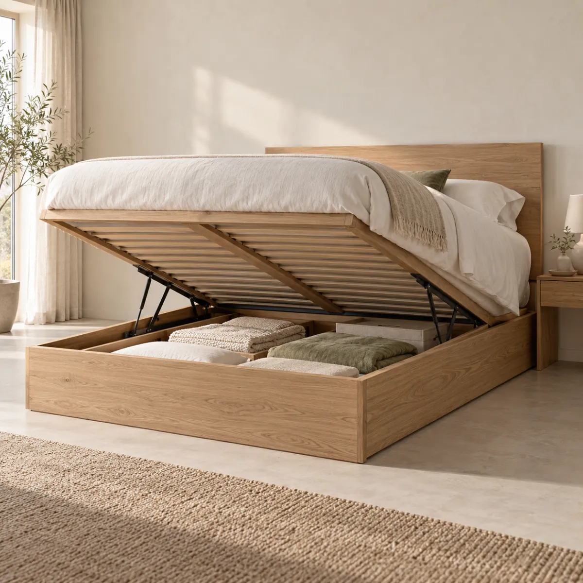 Queen storage platform bed with lift-up base